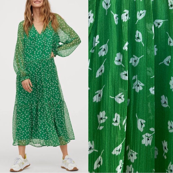 H&M Green & White Does Ditsy Floral Printed Long Sleeve Flowy Chiffon Maxi Dress - Picture 1 of 10
